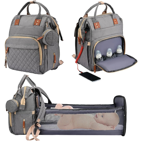 35L Mom Backpack – Folding Cot, Waterproof, USB Charging & Stroller Strap