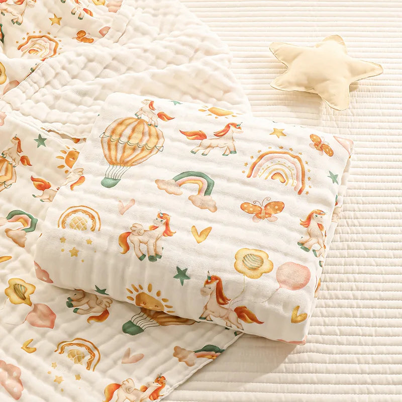 Cotton Gauze Baby Bath Towel 6 Layer Baby Blankets Super Soft Seersucker Yarn Absorbent Cartoon Printing Swaddle Blanket Bedding