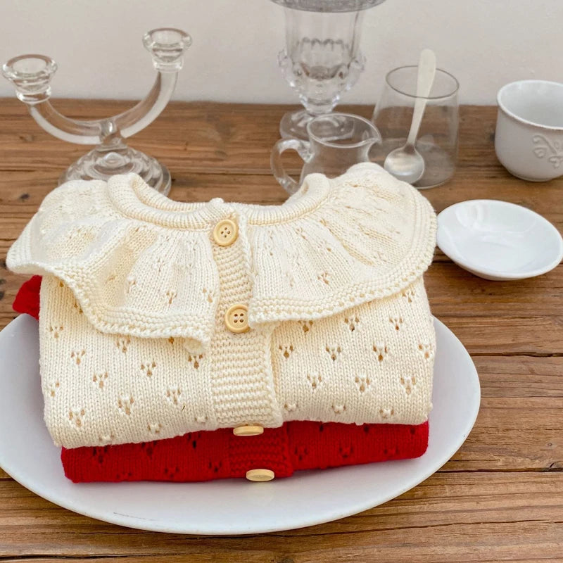 Autumn Baby Girl Sweater – Cotton Knitted Lotus Collar Long-Sleeve Coat