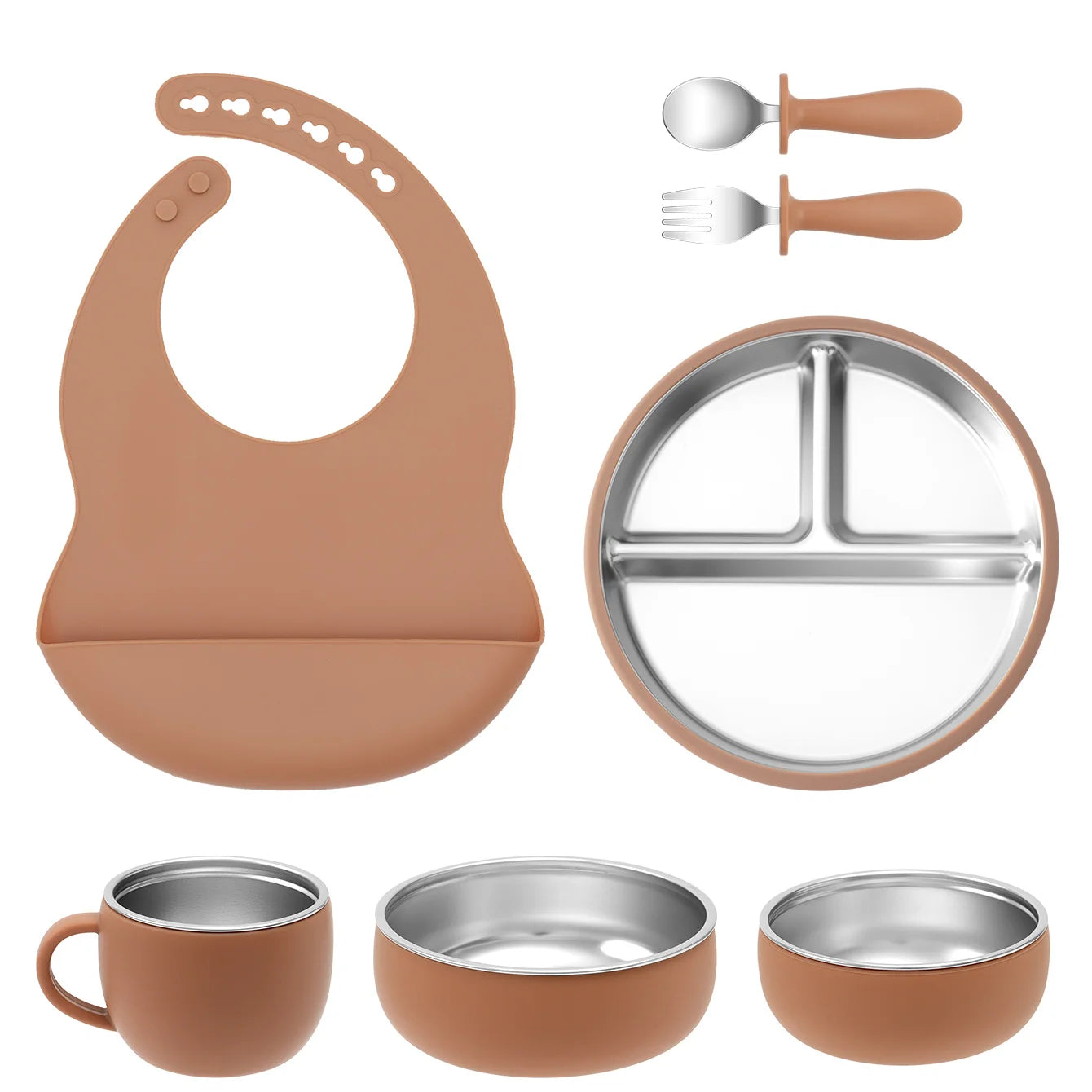 7PCS Baby Feeding Set – Stainless Steel & Silicone Tableware