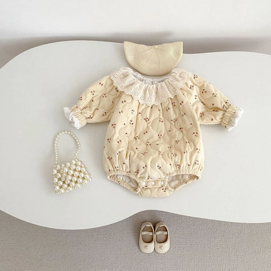 2025 New Baby Autumn and Winter Clothes Lace Collar Clip Cotton Printed Long Sleeves Romper Fart Clothes Princess