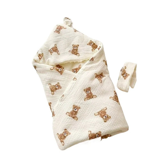 Newborn Warm Blanket for Fall & Winter Infant Cute Bear Print Swaddle Bean Velvet Blanket for Delivery Room & Hospital Discharge