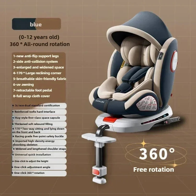 Baby Car Safety Seat 360° Rotatable Car Child Safety Seat Strengthened ISOFIX Hard Interface Child Safety Car Seat with Support