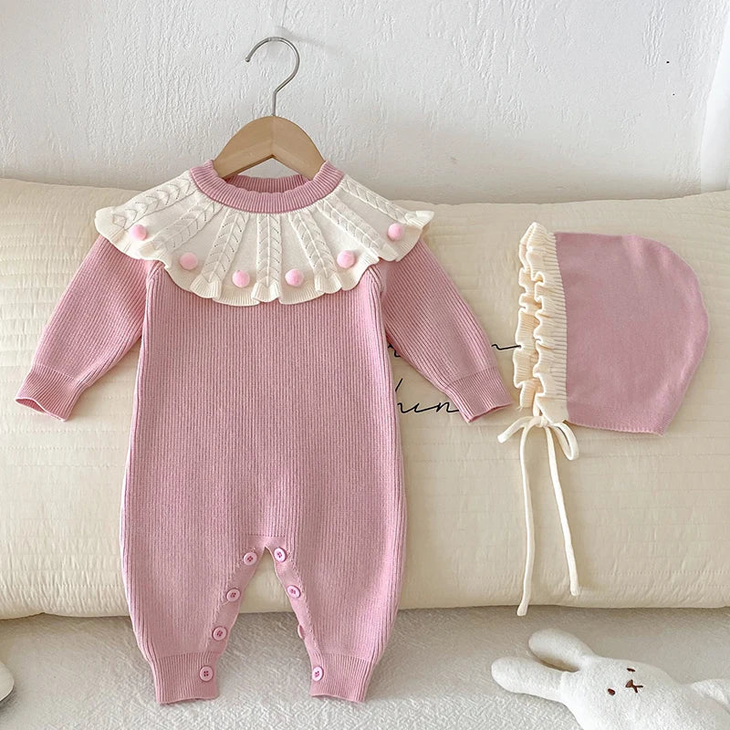 2025 New Autumn Children Clothes Infant Baby Girls Long Sleeved Splicing Knitted Jumpsuit Newborn Baby Knitted Bodysuits+Hat