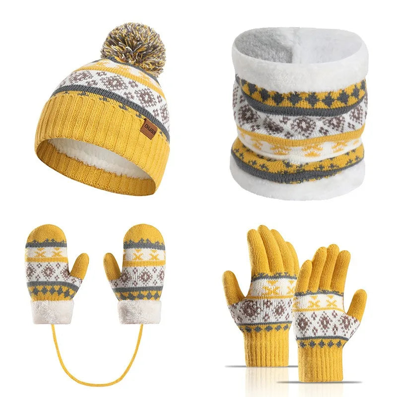 4pcs/Set Children's Knitted Hat Thick Warm Neck Scarf Gloves Mittens Outdoor Playing For Cold Weather Winter Necessearies