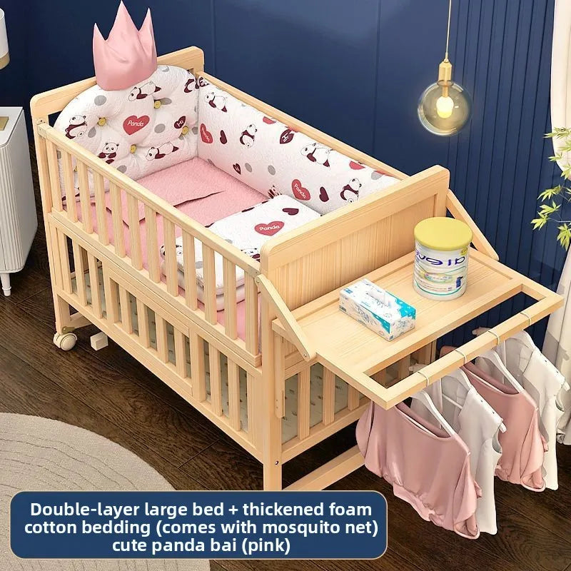 Solid Wood Baby Crib Convertible Toddler Bed Movable Newborn Bassinet Cradle Multi Functional Infant Bed For Babies Boys Girls