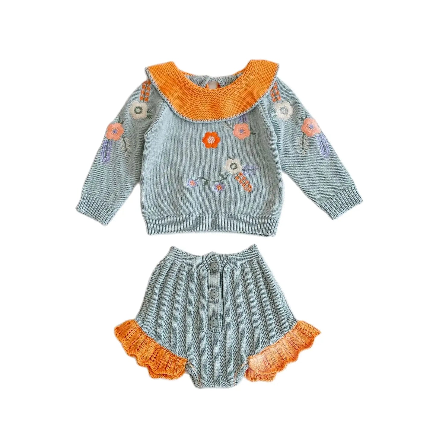 Autumn and Winter New Fashion Versatile Sweater Set Baby Girl Knit Set Embroidered Lotus Collar Top+Lace Pants Two piece Set