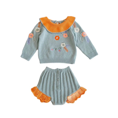Autumn and Winter New Fashion Versatile Sweater Set Baby Girl Knit Set Embroidered Lotus Collar Top+Lace Pants Two piece Set