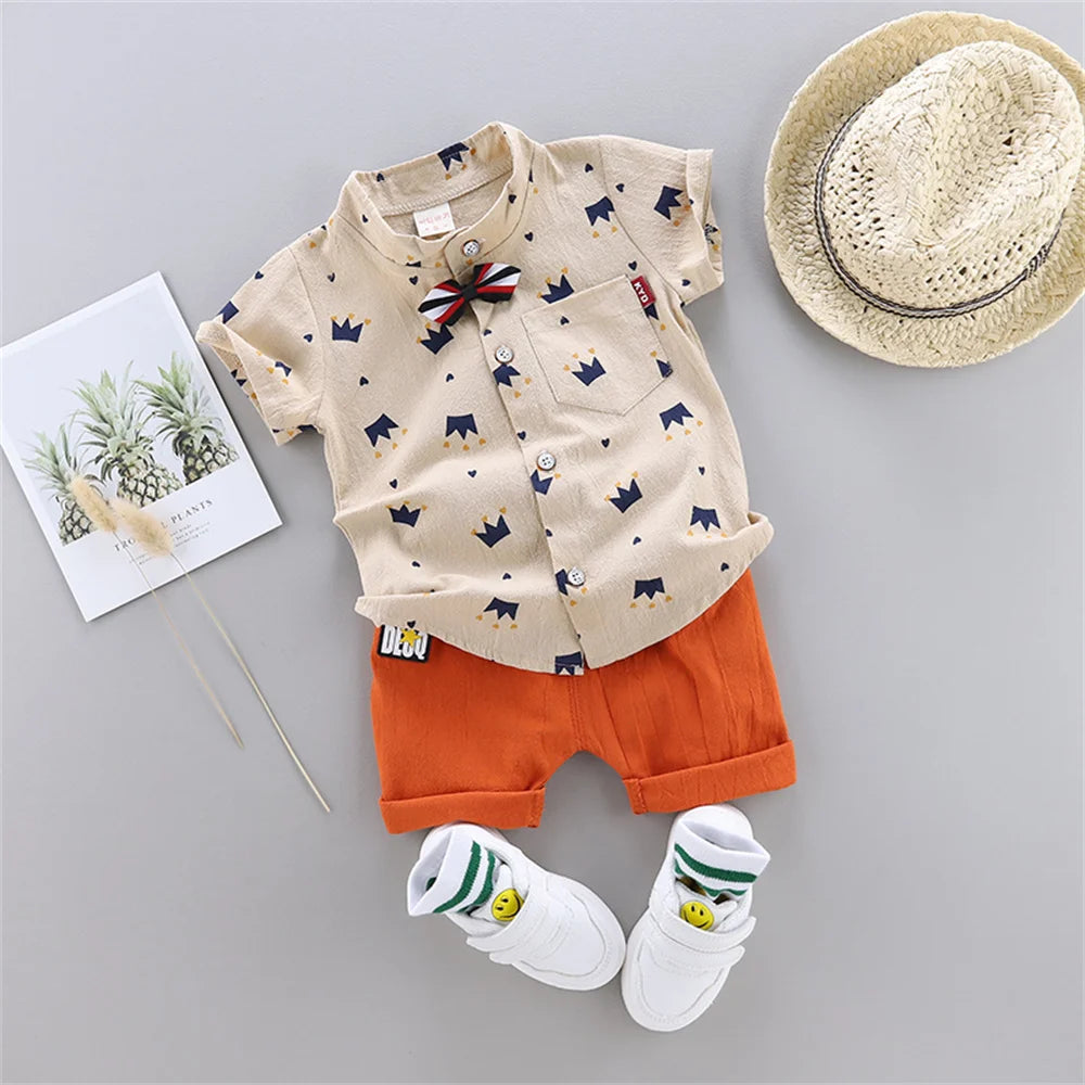 2PCS Baby Set Hot Summer All Over Crown Random Print Pattern Standing Neck Short Sleeve Shorts Set