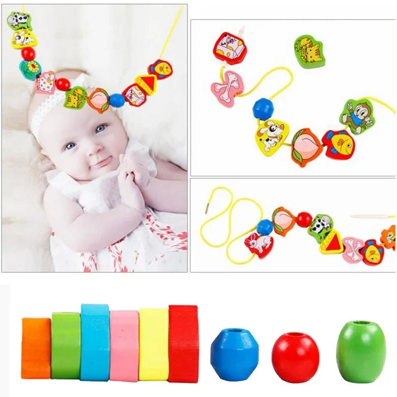Monterssori Beaded Wooden Toys Baby Cartoon Fruit Animal Stringing Wooden Beads Toys Children's Educational Games