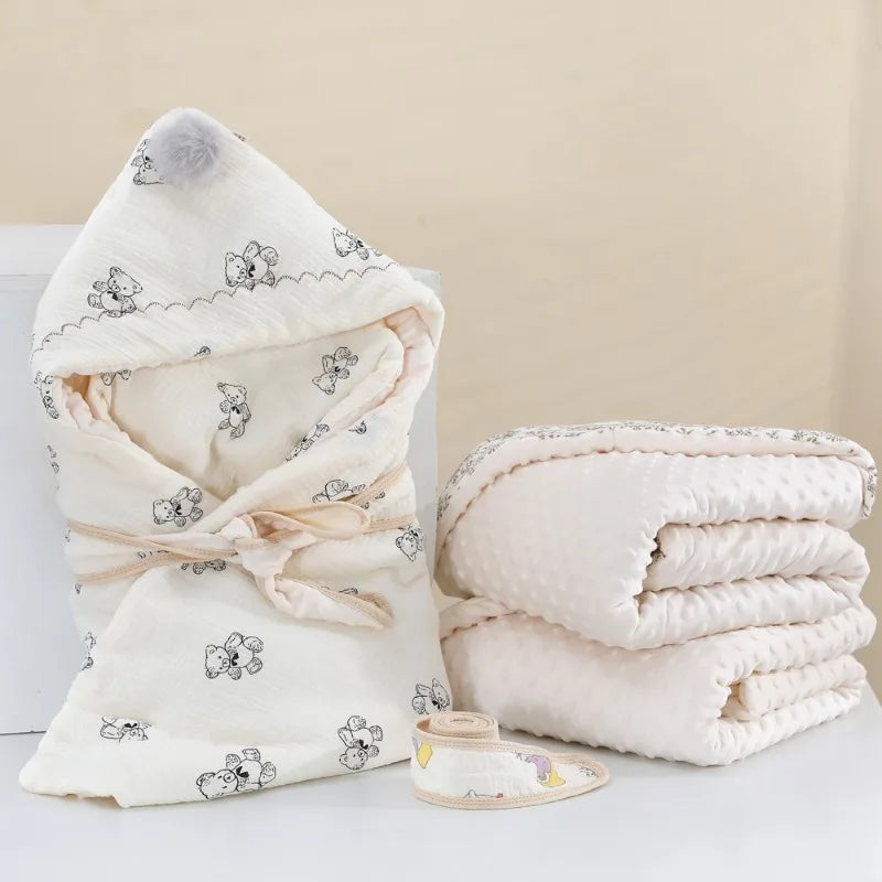 Newborn Swadding Blanket for Boy Girl Cute Cartoon Bear Ear Infant Baby Muslin Swaddle Soft Cotton Autumn Spring Blanket