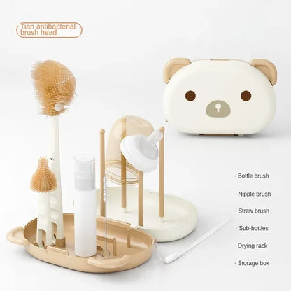 Baby Bottle Cleaner Brush Set Travel Size Drying Racks Silicone Cleaning Nipple Straw Cleaner Kit Soap Dispenser Organizer Case