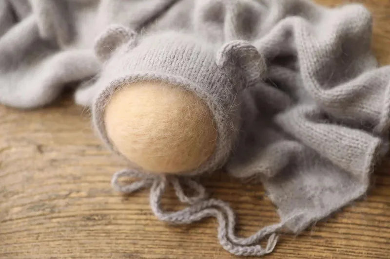 Fluffy Mink Thread Newborn Knit Hat with Ears Photo Prop