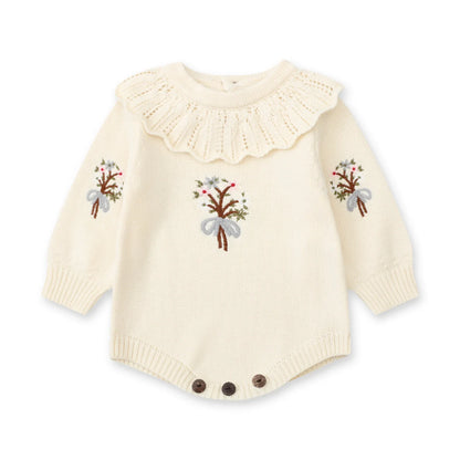 Combinaison bébé fille automne, barboteuse tricotée, broderie à volants, vêtements de nouveau-né, combinaison bébé fille