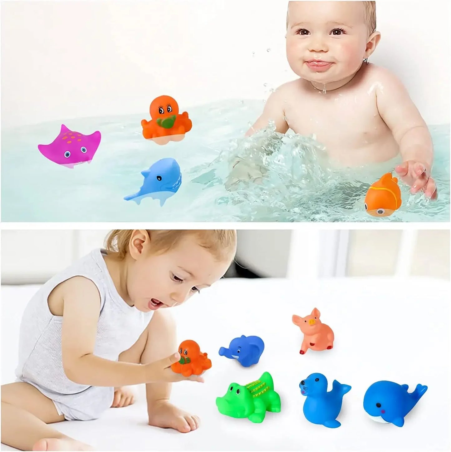 10pcs Preschool Bath Toys Rubber Floating Squeaky Baby Wash Shower Toy Ocean Animals Gift for Toddlers Kids Party Decoration