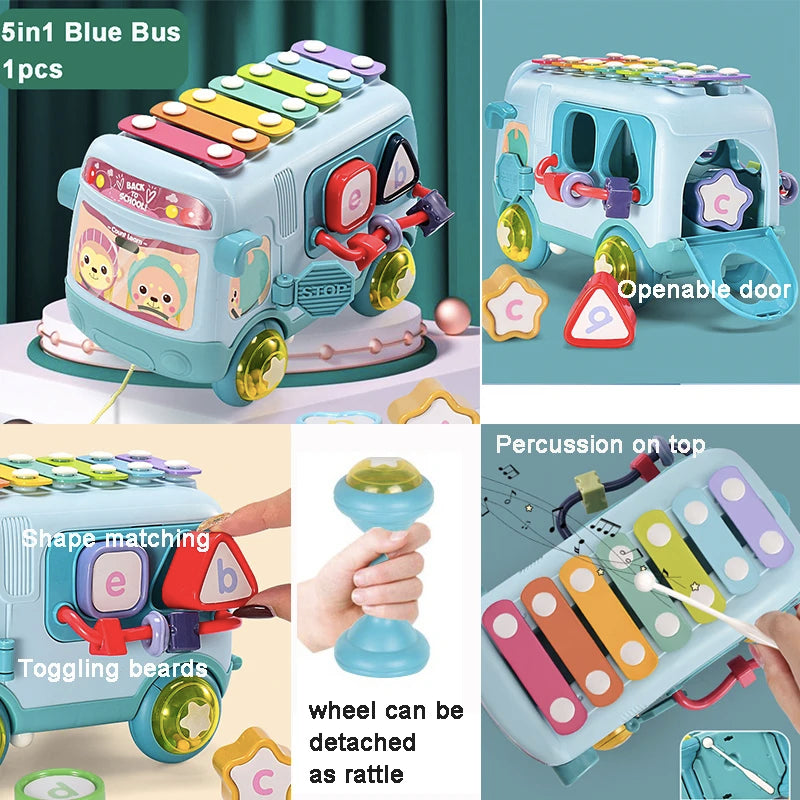 Multi-functional Cartoon Bus Montessori Toys Car Maze Puzzle Hammer Games New Kids Toys Storage Box Early Educational Baby Gift