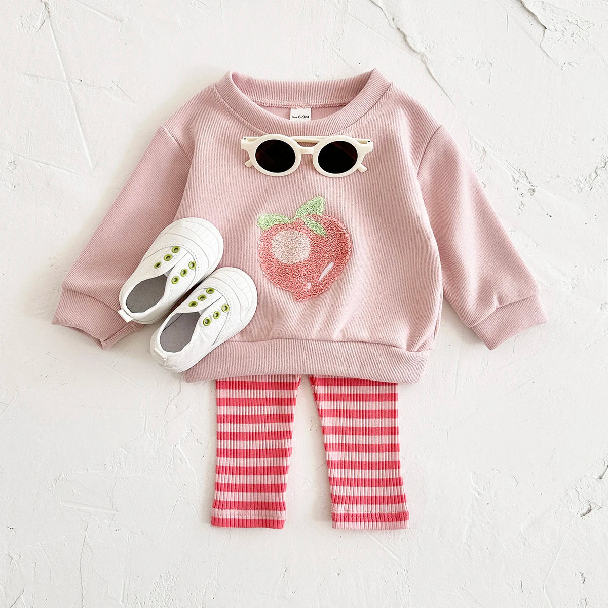 Baby Girl 2PCS Set – Long Sleeve Top & Pants, Cute Peach Autumn/Spring Outfit