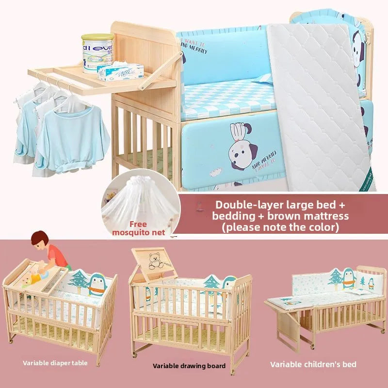 Solid Wood Baby Crib Convertible Toddler Bed Movable Newborn Bassinet Cradle Multi Functional Infant Bed For Babies Boys Girls