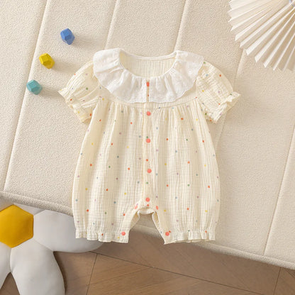 0 - 2 Y Newborn Outdoor Clothes Adorable Baby Girls' Cotton Short Sleeved Romper with Lace Doll Collar Cute and Soft Fabric