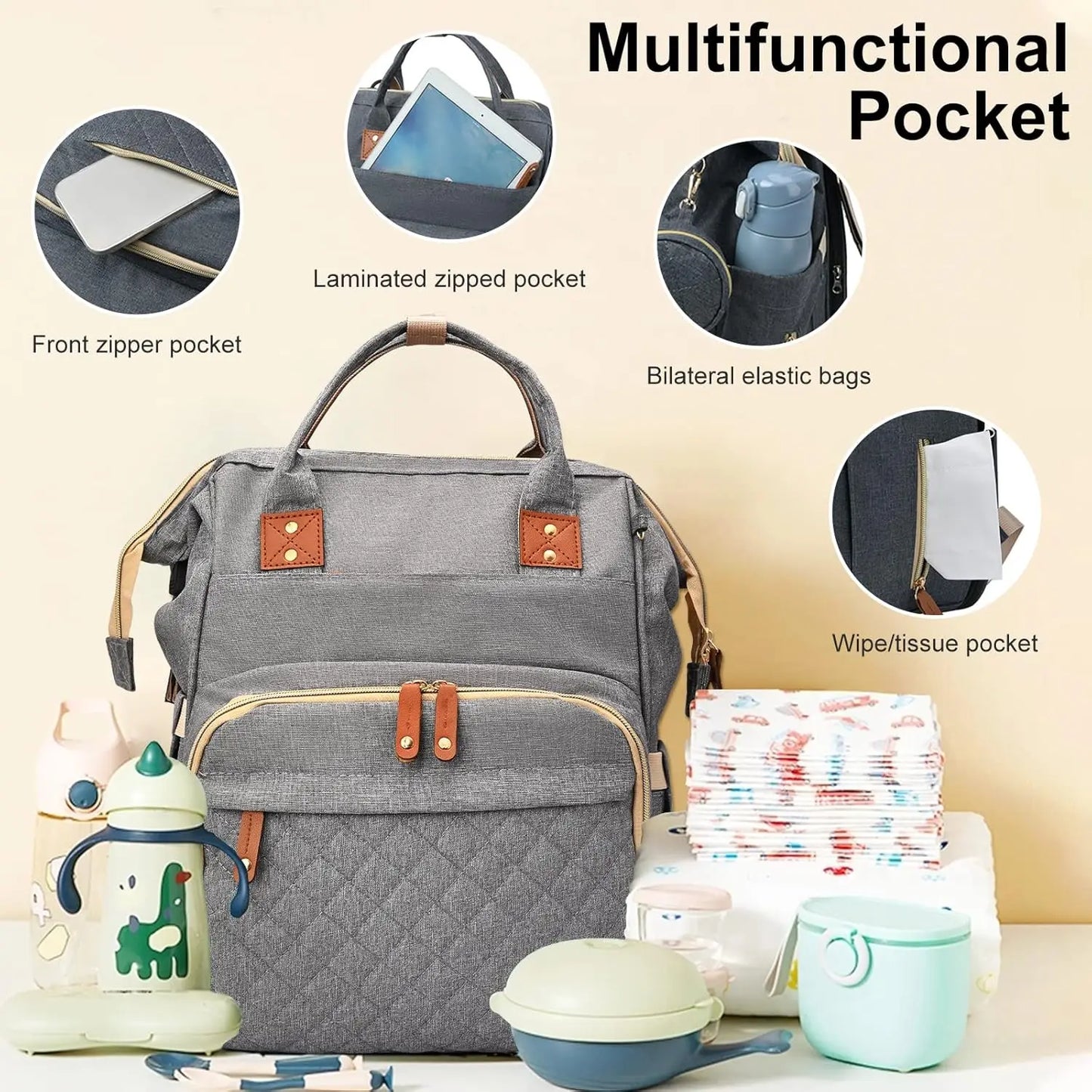 35L Mom Backpack – Folding Cot, Waterproof, USB Charging & Stroller Strap