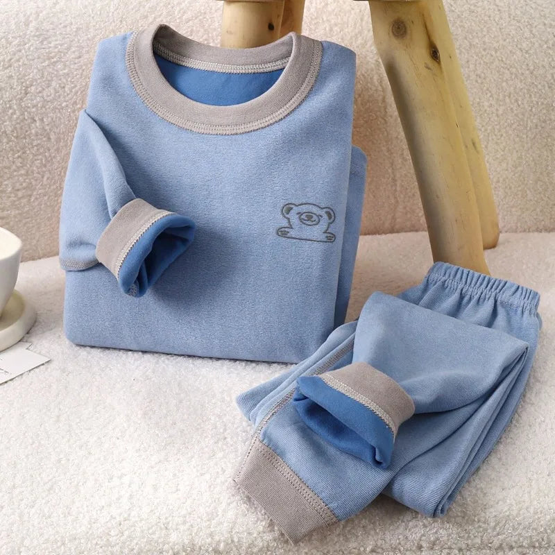 Children's Thermal Underwear Set with Mid Neck Collar Striped Thickened Thermal Wear for Boys Winter Clothes Boneless Design