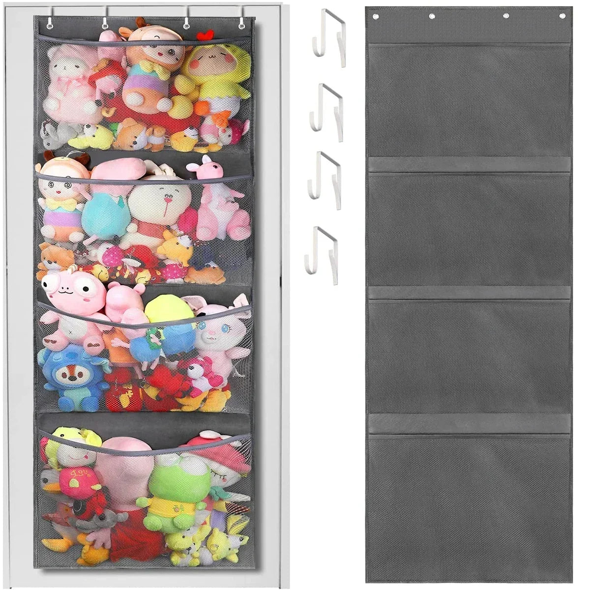 New Stuffed Storage Bag Over The Door Stuff Animals Organizer Hanging Mesh Bags 4 Large Pockets for Baby Plush Toys Kids Storage