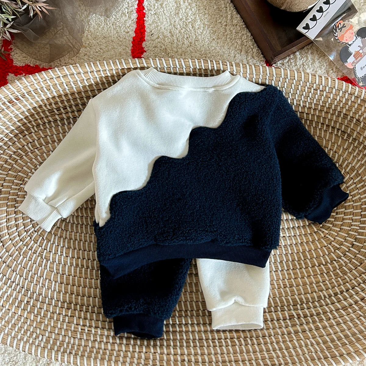 Baby Boy 2PCS Winter Set – Blue & White Fleece Top & Pants, 0–3Y