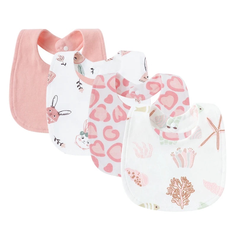 4 Pcs/lot Baby Bibs Double Layer Cotton Saliva Towel for Girls Boys Cute Printed Newborn Burp Cloths Infant Feeding Accessories