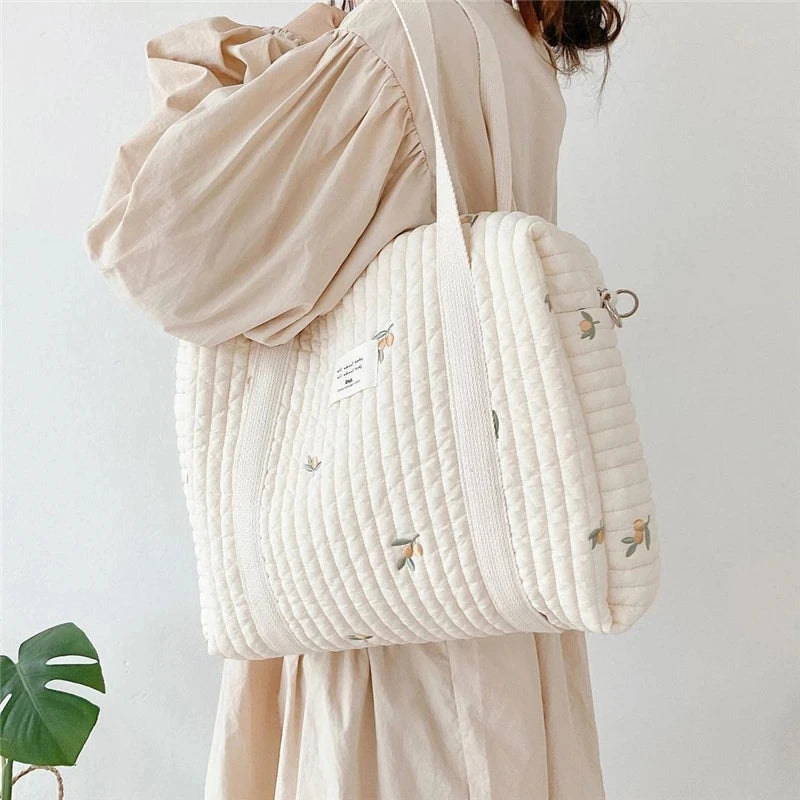 Korean Style Quilted Diaper Bag – Embroidered Mummy Shoulder Organizer