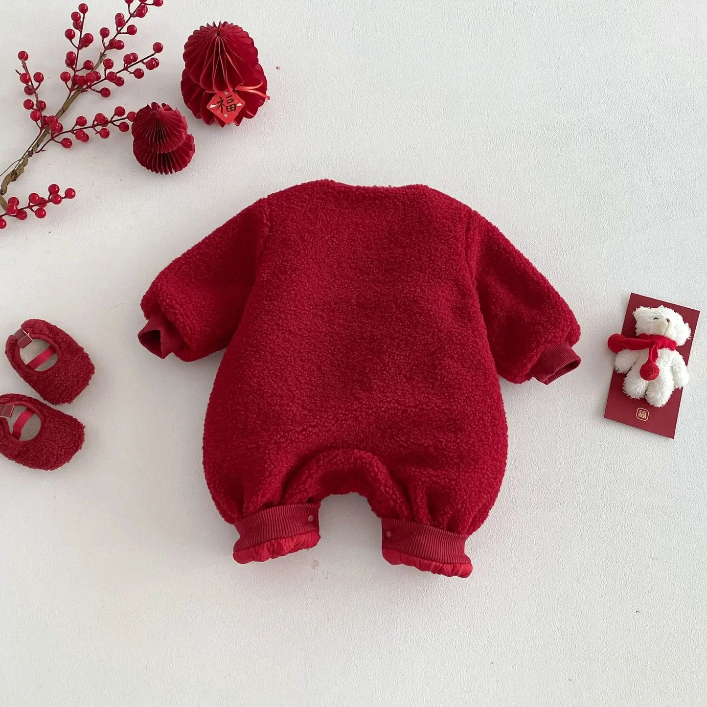 2025 Newborn Baby Red Jumpsuit Christmas Cute Bear Thicken Fleece Romper 0-2Y Infant Festival Outfit Warm Winter Baby Clothes