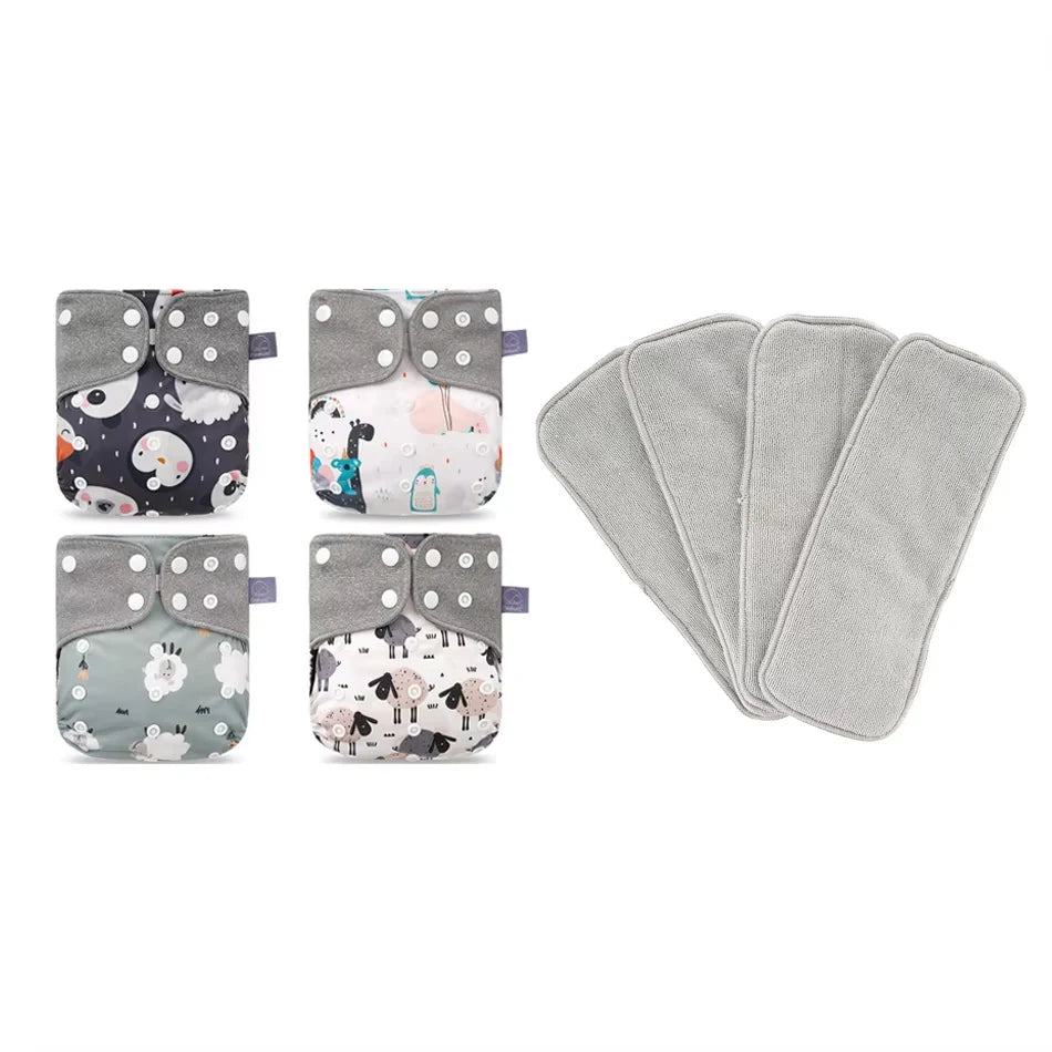 Washable Baby Diapers Set – 4 Cloth Nappies with Inserts, 3–15kg