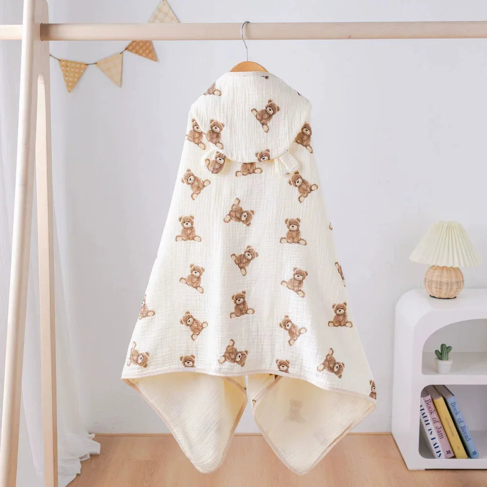 Soft Hooded Baby Bath Towel Cartoon Cloak  Super Absorbent Gauze Bathing Wrap for Newborn Infant Anti-Shedding & Skin-Friendly