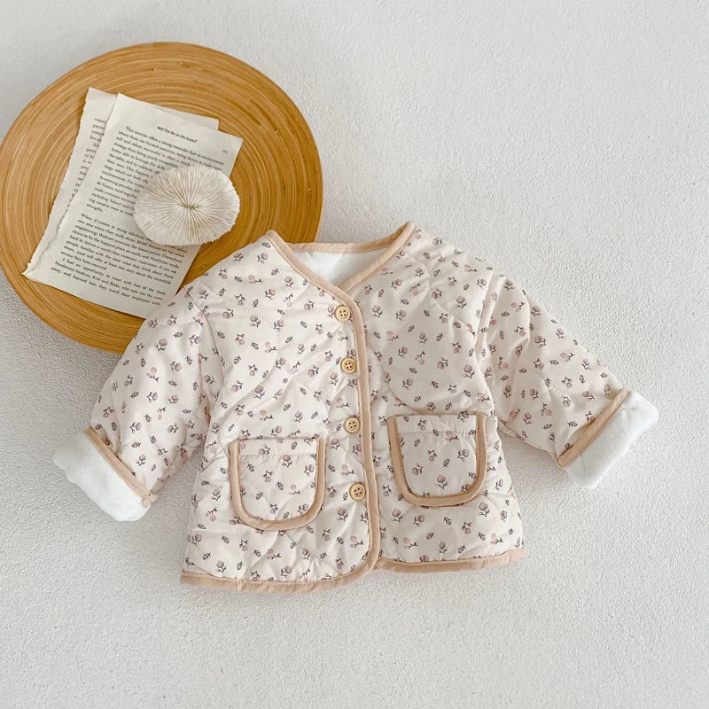 Autumn new style 0-3 years old baby clothes cute baby girl thick cotton clothes long sleeves all-match floral cardigan coat