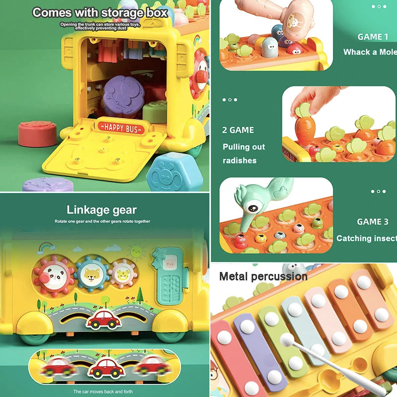 Multi-functional Cartoon Bus Montessori Toys Car Maze Puzzle Hammer Games New Kids Toys Storage Box Early Educational Baby Gift