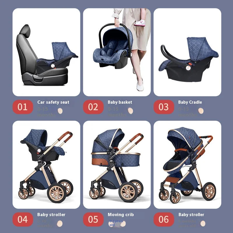 Poussette de luxe 3 en 1, poussette tout-terrain haute, bébé assis ou allongé