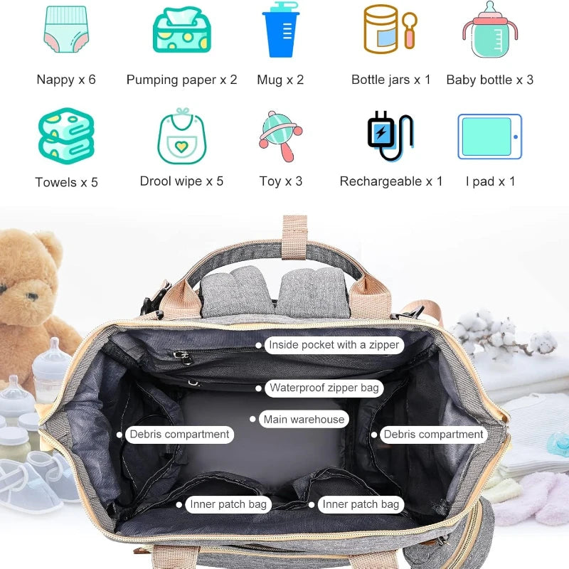 35L Mom Backpack – Folding Cot, Waterproof, USB Charging & Stroller Strap