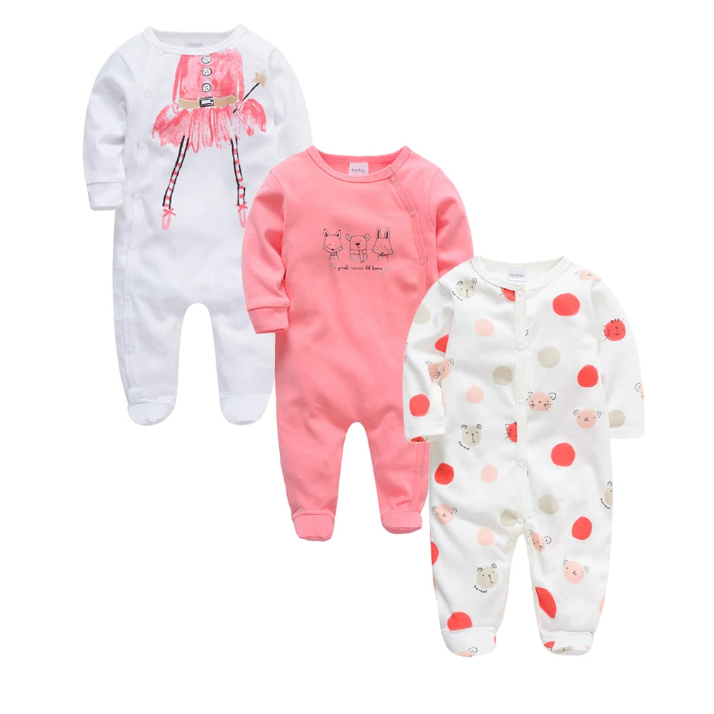 Kavkas 3 Pcs/lot Baby Boy Rompers 0-12M 100% Cotton Newborn Long Sleeve Clothes Cartoon Print Girls Items