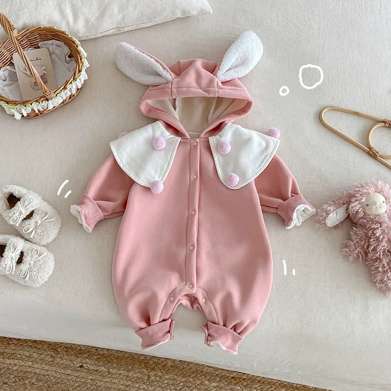 Combinaison bébé mignonne 0-2 ans, châle d'hiver super mignon avec bonnet en peluche, vêtements pour nouveau-né