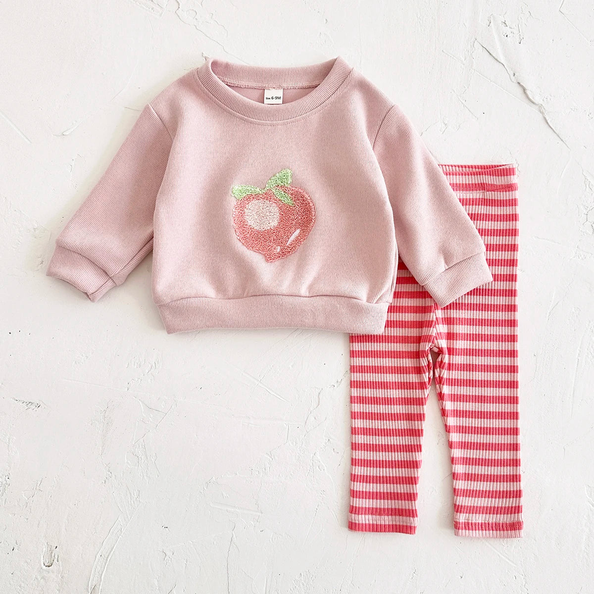 Baby Girl 2PCS Set – Long Sleeve Top & Pants, Cute Peach Autumn/Spring Outfit