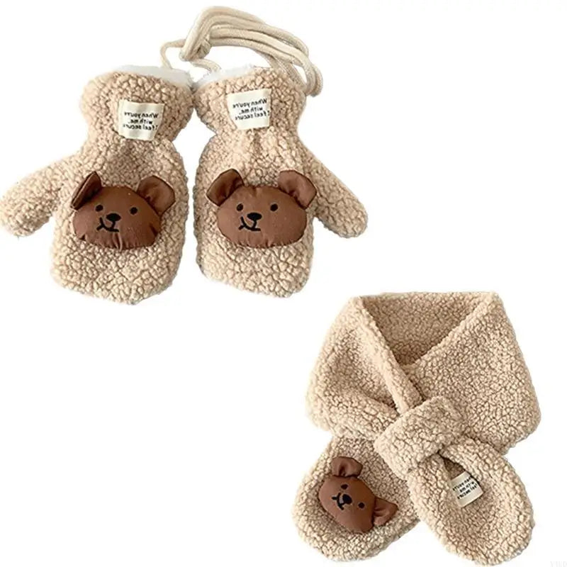 Y4UD Cosy Lamb Wool Kids Scarf and Gloves Set Baby Winter Essential with Cartoon Bear Designing for Warmth In Cold Weather