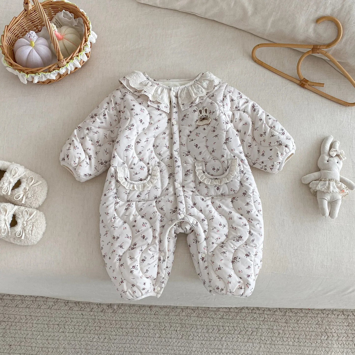 Newborn Girls’ Padded Romper with Ruffled Collar