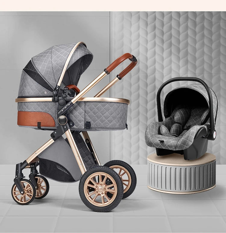 Poussette de luxe 3 en 1, poussette tout-terrain haute, bébé assis ou allongé