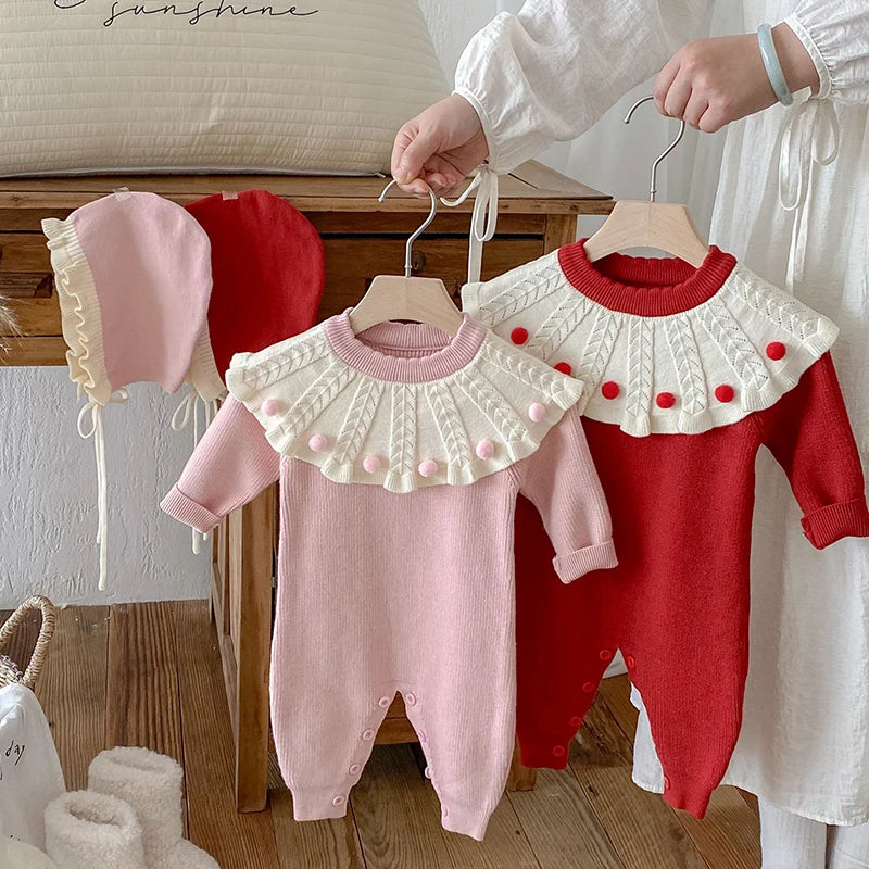 2025 New Autumn Children Clothes Infant Baby Girls Long Sleeved Splicing Knitted Jumpsuit Newborn Baby Knitted Bodysuits+Hat