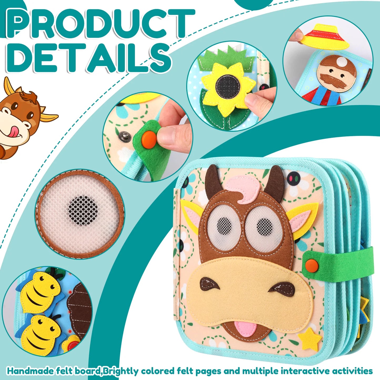 Farm Theme Busy Book for Toddlers 3D Felt Quiet Book for Preschool Learning Fine Motor Skills，Sensory  Activity Toy Kid Baby