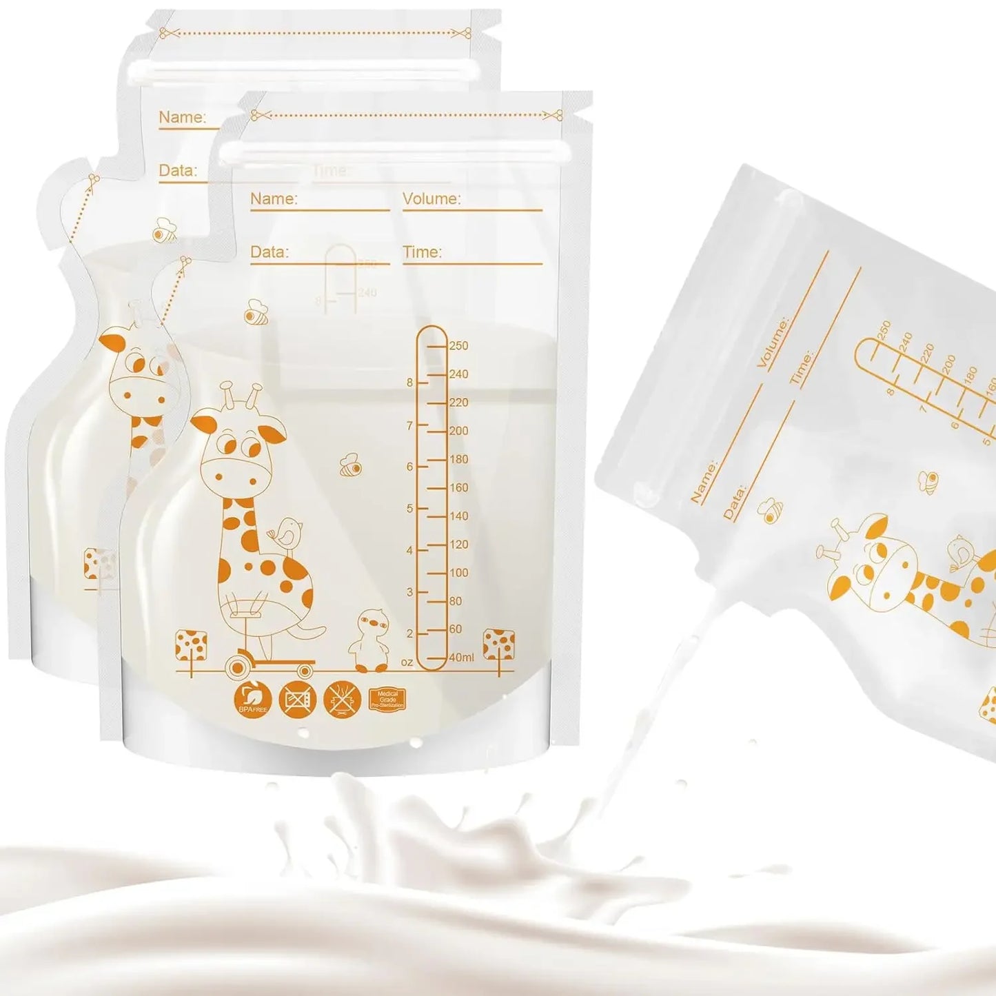 250ml  30/100pcs Breastmilk Storage Bag Self Standing Baby Food Storage Containers No Leak Milk Freezer Bags Safe Feed BPA Free