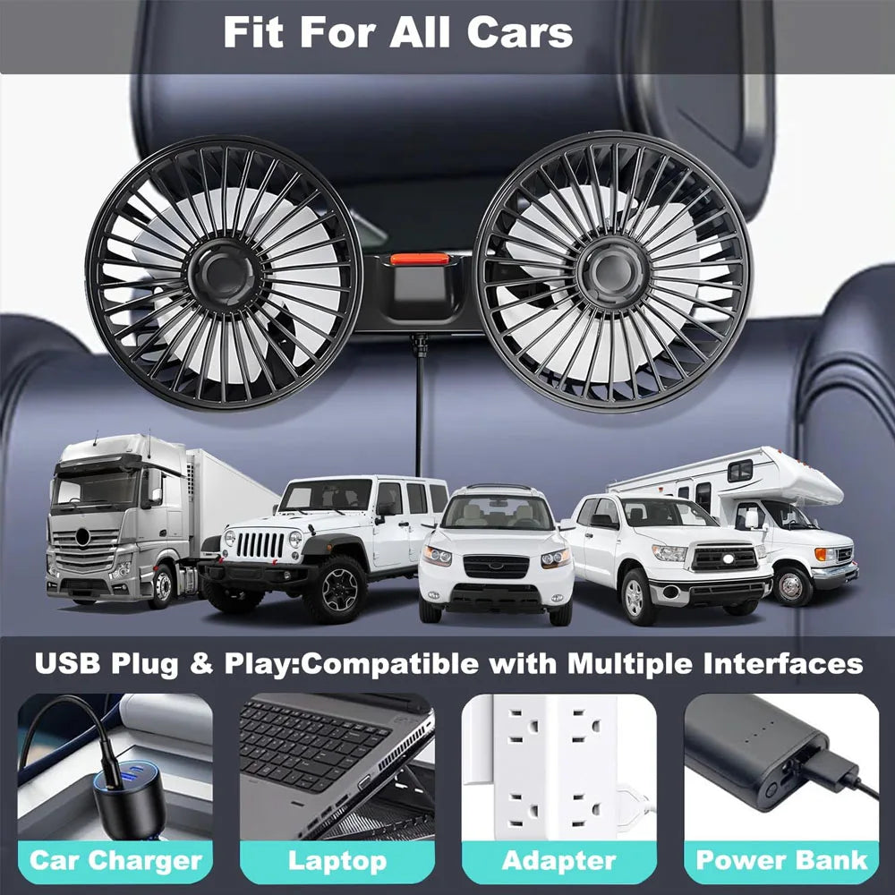 New Car Fan 3-speed Car Seat Back Cooling Fan 360° Rotation Double Head Car Back Seat Fan 5 Fan Blades for Summer Car Accessorie