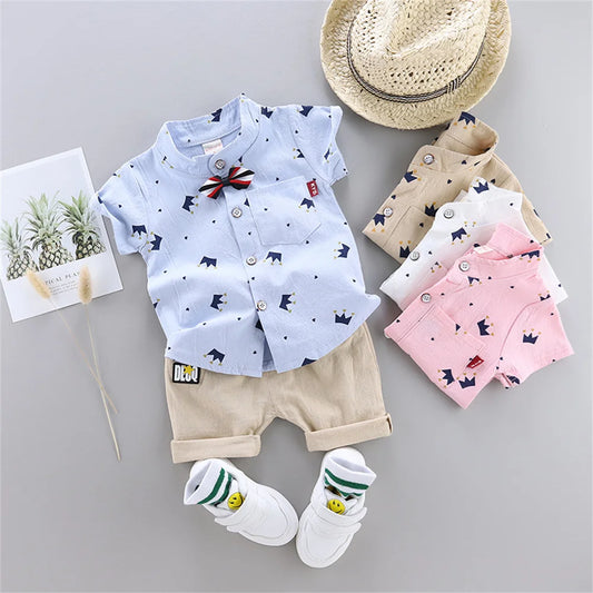 2PCS Baby Set Hot Summer All Over Crown Random Print Pattern Standing Neck Short Sleeve Shorts Set