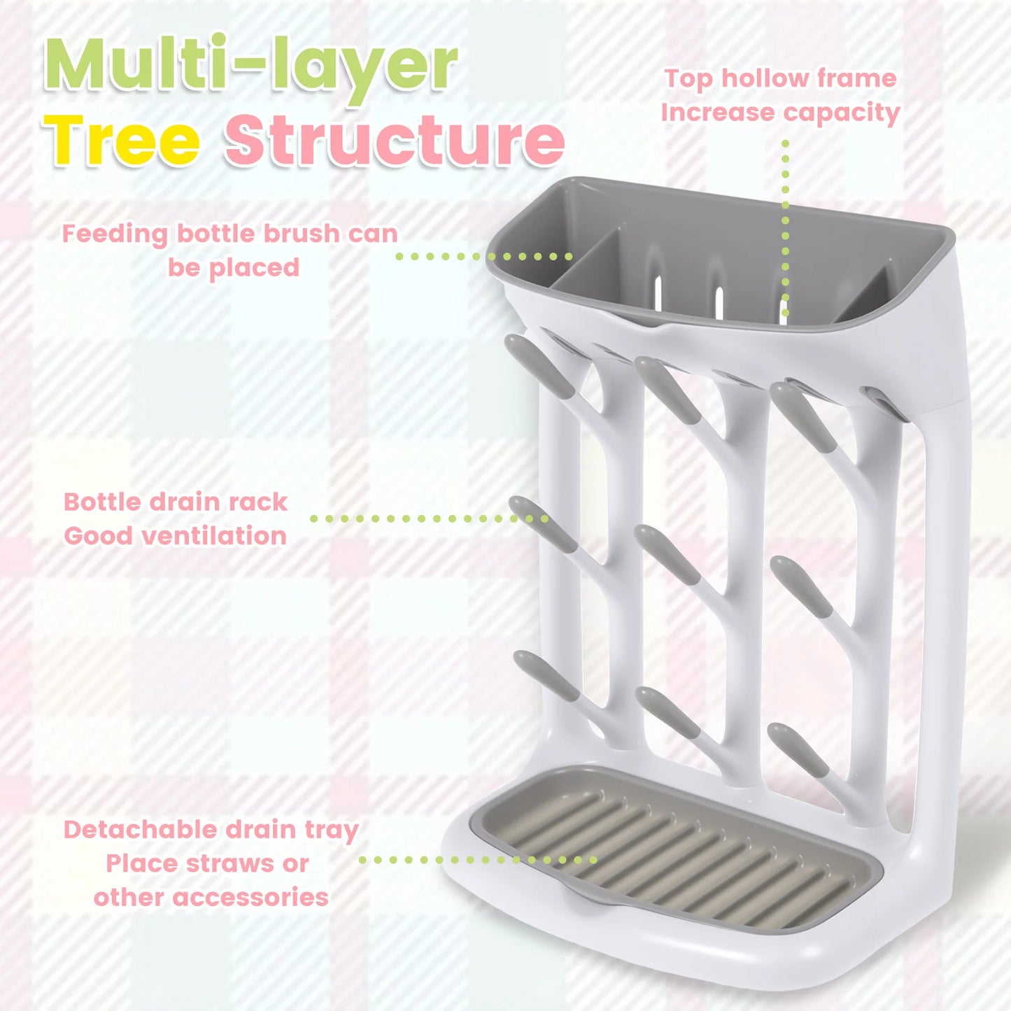 Baby Bottle Drying Rack Space Saving Countertop Holder Detachable Tray Baby Bottles Holder Organizer and Drying