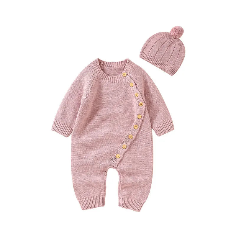 Combinaison en maille chaude à manches longues et col rond avec fermeture boutonnée, collection automne-hiver 2023, pour nouveau-né garçon ou fille, avec bonnet assorti.