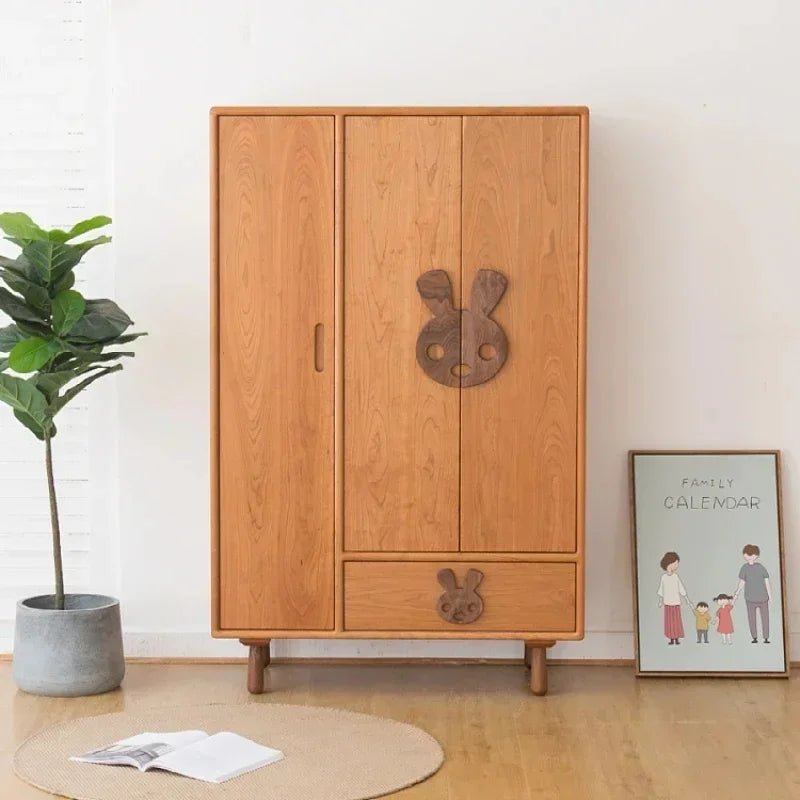 Modern Kids Wooden Wardrobe Organizer - Space-Saving Closet for Children's Clothes and Bedroom Storage Furniture